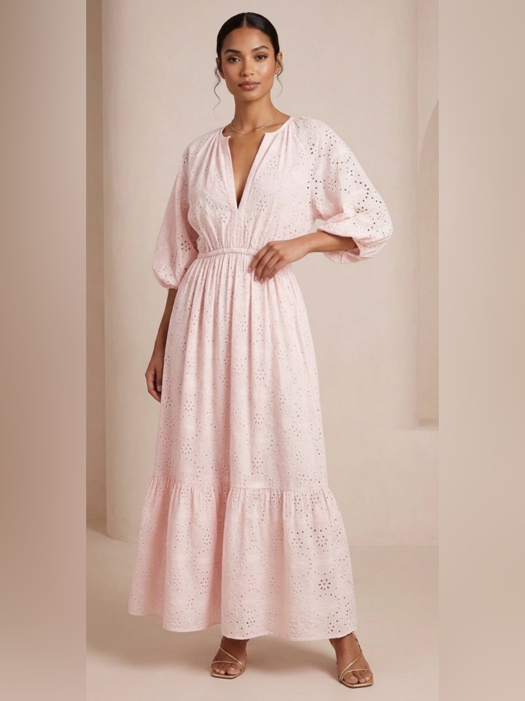Eres Laureate Broderie Anglaise 100% Cotton Eyelet Maxi Maxi Soft Pink S/M Euc